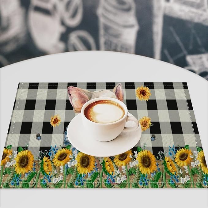 Rustic Pig Placemat Set, Vintage Farmhouse Cute Animal Sunflower Floral Black White Plaid Blue Bowknot Pattern Home Decor Table Mats for Dining Room Kitchen Party (17x12in) x2P