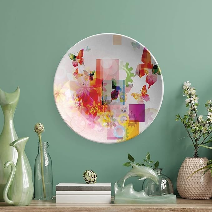Decorative Plates, Abstract Print Ornament, Natural Design Flowers Leaves Squares Rounds, 6 Inch, Kitchen Wall Decor, Multicolor