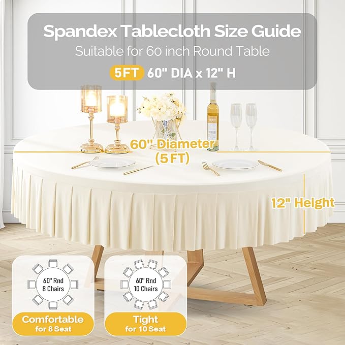 Ivory Spandex Round Tablecloths - 6 Pack, Fitted 5FT, Wrinkle Free Table Cover with Skirt for Wedding Party Dining Banquet