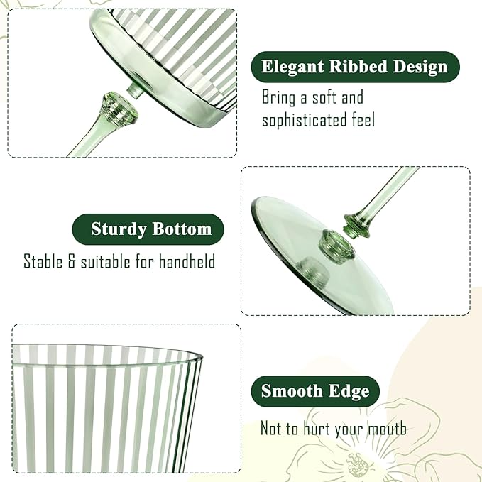 12 PCS Green Plastic Wine Glasses with Removable Stems 13.5 Oz Ribbed Wine Glasses Square White Wine Glass Muted Pastel Colors Goblets Elegant Fluted Glassware for Wedding Anniversary Birthday