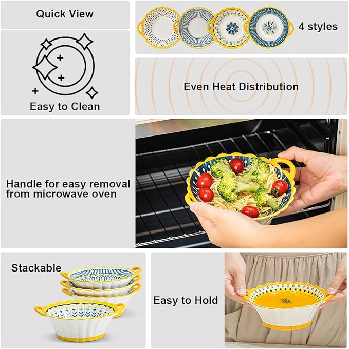 Yeacccng Soup Bowls with Handles, 20 Oz French Onion Soup Bowls Set of 4, Ceramic Soup Bowl for Kitchen, Oven/Microwave Bowls, 6.5 Inch Ceramic Soup Crocks, Cute Bowls, Scratch-Resistant, Lead-Free