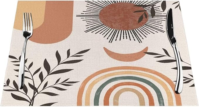 Mid Century Abstract Boho Placemats Orange Vintage Aesthetic Nature Leaf Sun Modern Washable Place Mats 12x18Inch for Dining Kitchen Farmhouse Decor 4 PCS
