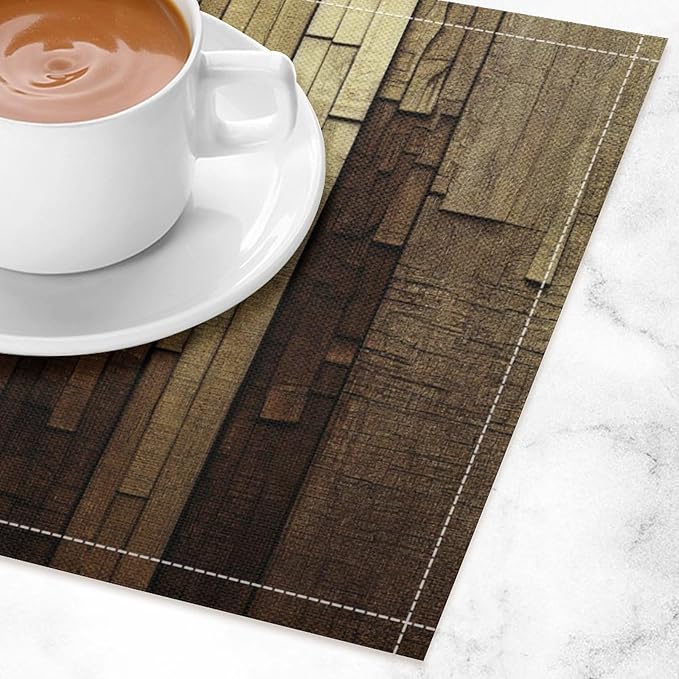 Retro Plank Placemat Set, Rural Old Shabby Brown Beige Farmhouse Barn Wooden Board Pattern Home Decor Linen Table Mats for Dining Room Kitchen Party(17x12in) x2P