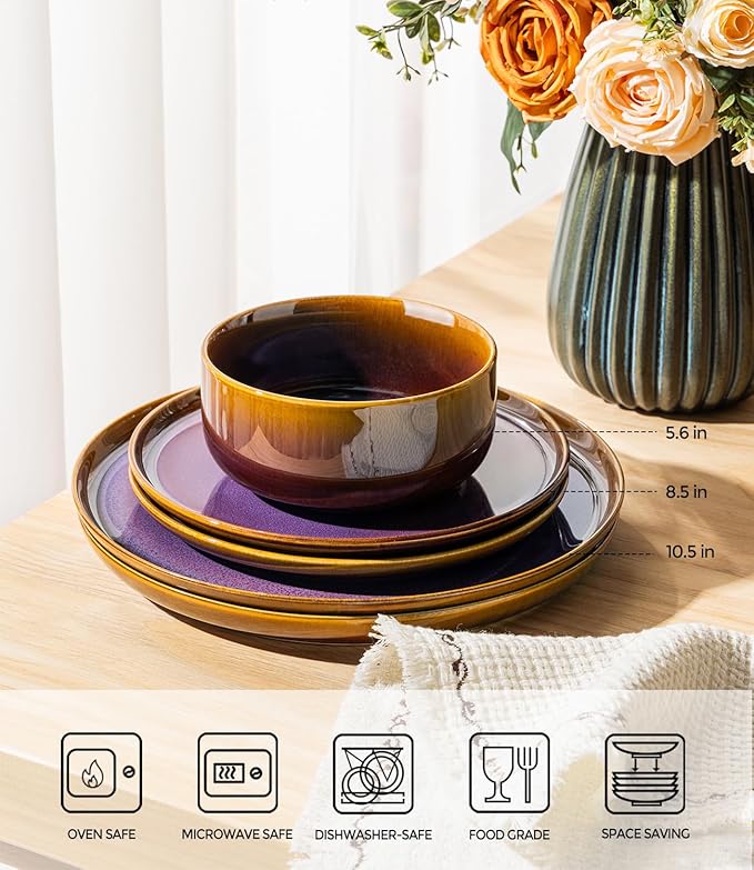 TheTerra Ceramic Dinnerware Sets for 4, 12 Pieces Handmade Reactive Glaze Plates and Bowls Set, Scratch Resistant Dish Set, Oven & Microwave & Dishwasher Safe, Amber Amethyst