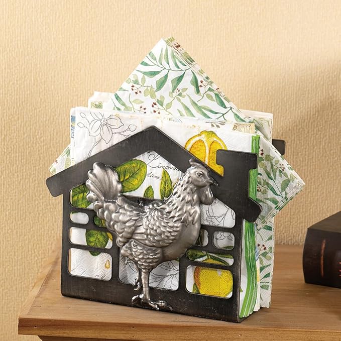 Metal Napkin Holder for Table, Antique Rooster Decorative Farm Style, Rustic Vertical Tissue Paper Napkins Holder for Paper Napkins (Rooster/Black)