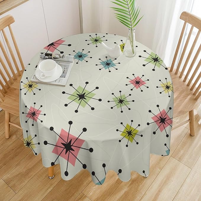 Retro Mid Century Round Tablecloth, Vintage Modern Colorful Abstract Geometric Art Bohemian Tablecloth for Home Party Dining Room Kitchen Decor 60Inch(152cm)