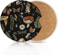 2 Pack Woodland Mushroom Car Coasters for Cup Holders Absorbent 2.56", Vintage Moth Witch Floral, Decoration Flower Wood Fern Leaf Herbs Botanical Ceramic Drink Coasters Cork Base Gift for Women Men