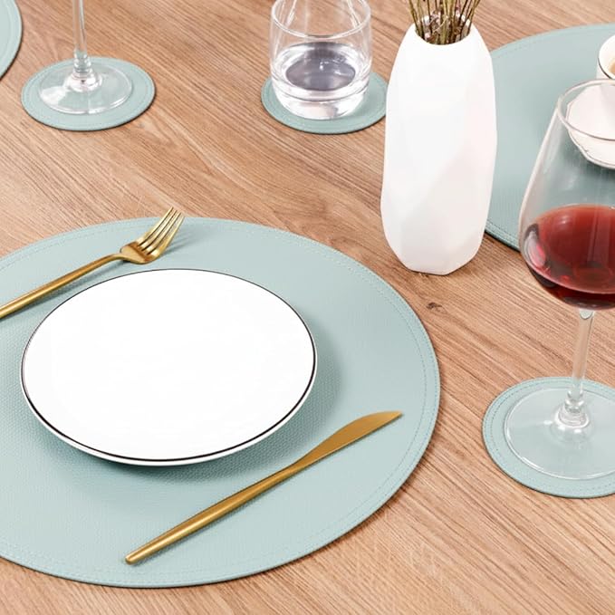 Faux Leather Round Placemats and Coasters, Coffee Mats Kitchen Table Mats, Waterproof, Easy to Clean for Kitchen Dining Round Table, Set of 4