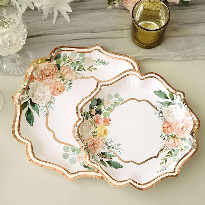 50 Pack 10" White/Rose Gold Floral Print Scallop Rim Dinner Plates, Disposable Round Paper Party Plates 300 GSM for Festive Table Decoration
