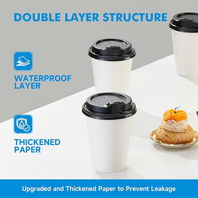 RACETOP 100 Pack 12 oz Disposable Paper Coffee Cups with Lids, Paper Cups with Lids 12 oz, Hot Cups for Home/Office