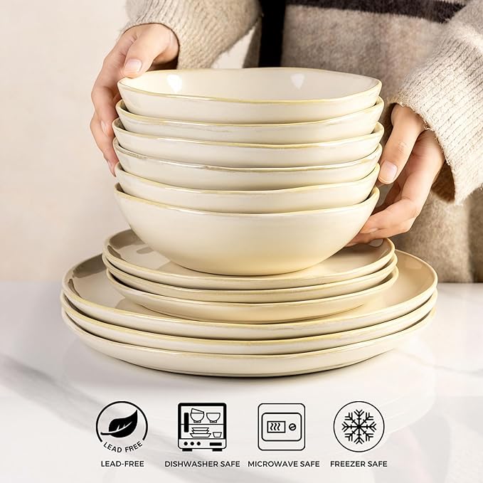 AmorArc Ceramic Cereal Bowls Set of 6, 24 oz Handmade Stoneware Bowls Set for Cereal Soup Salad, Stylish Kitchen bowls for Meal, Dishwasher & Microwave Safe, Reactive Glaze-Vanilla
