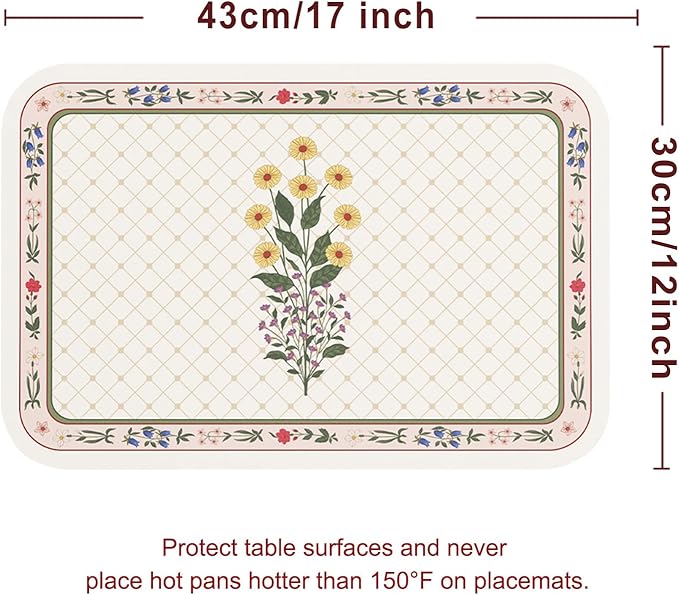 ISAENNE Floral Rectangle PVC Placemats Set of 6, Yellow Daisy Pattern Placemat, Waterproof and Heat-Resistant,Decoration for Kitchen,Dining, Parties, Holiday,12"*17"