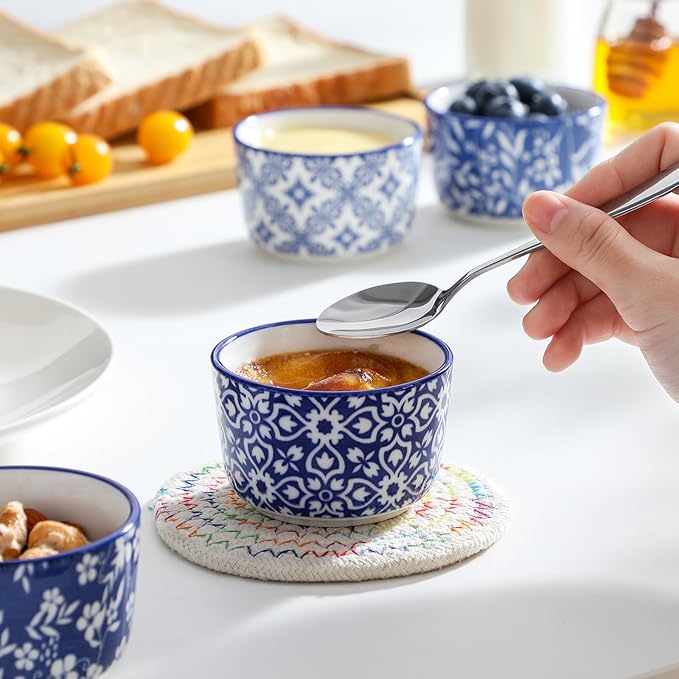 vancasso Selene 4 oz Mini Ceramic Ramekins Set of 6, Oven-Safe Baking Cups for Crème Brûlée, Soufflés, Desserts, Handcrafted Blue and White Patterns