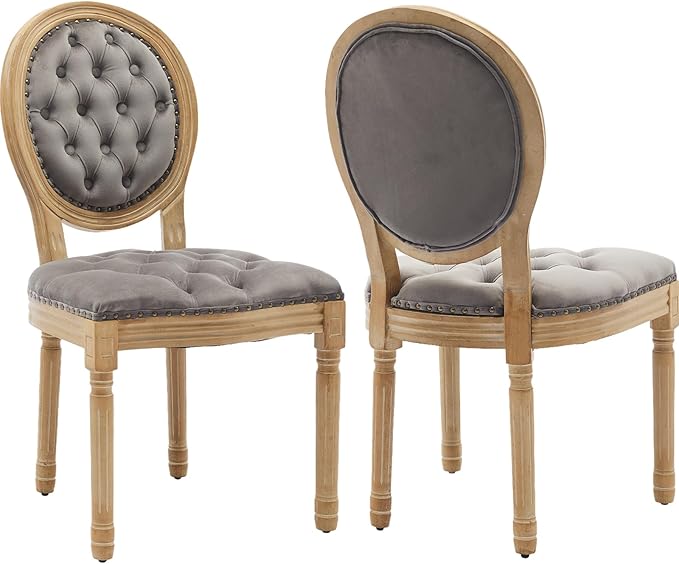 Vintage French Dining Chairs Set of 2, Round Back Velvet Upholstered Accent Chairs with Nailhead Trim and Solid Wood Frame, Elegant Sillas de Comedor for Dining Room & Kitchen, Gray