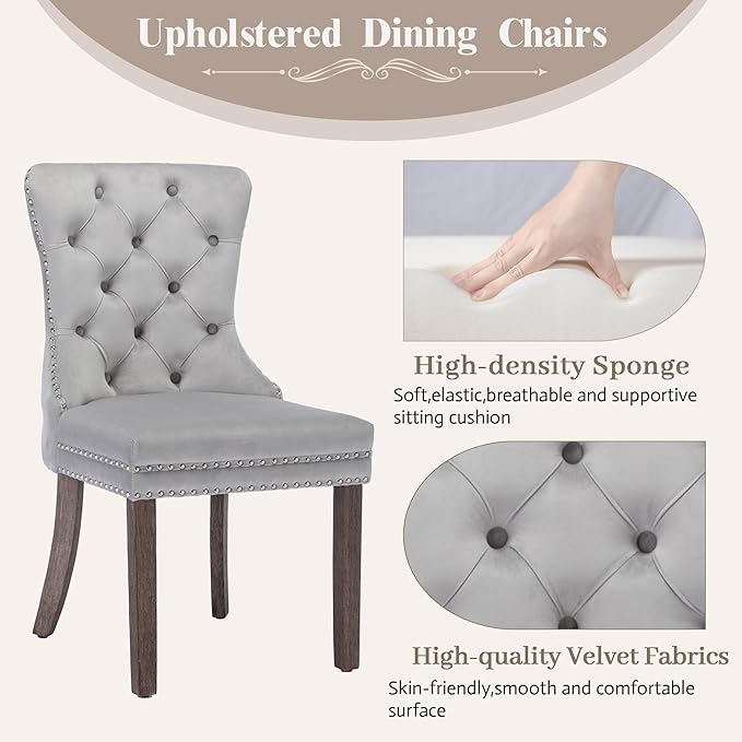 KCC Velvet Dining Chairs Set of 4, Upholstered High-end Tufted Dining Room Chair with Nailhead Back Ring Pull Trim Solid Wood Legs, Nikki Collection Modern Style for Kitchen, Light Grey