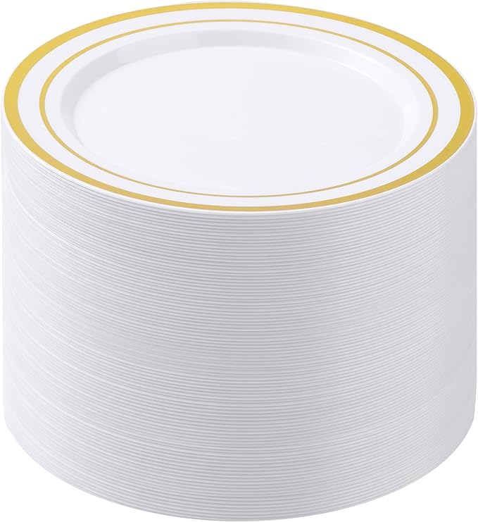 BESTSTAR 100PCS White Plastic Plates for Party, 10.25 Inch Disposable Plates with Gold Rim, Heavy Duty Dinner Plates for Christmas, Party, Wedding and Birthday