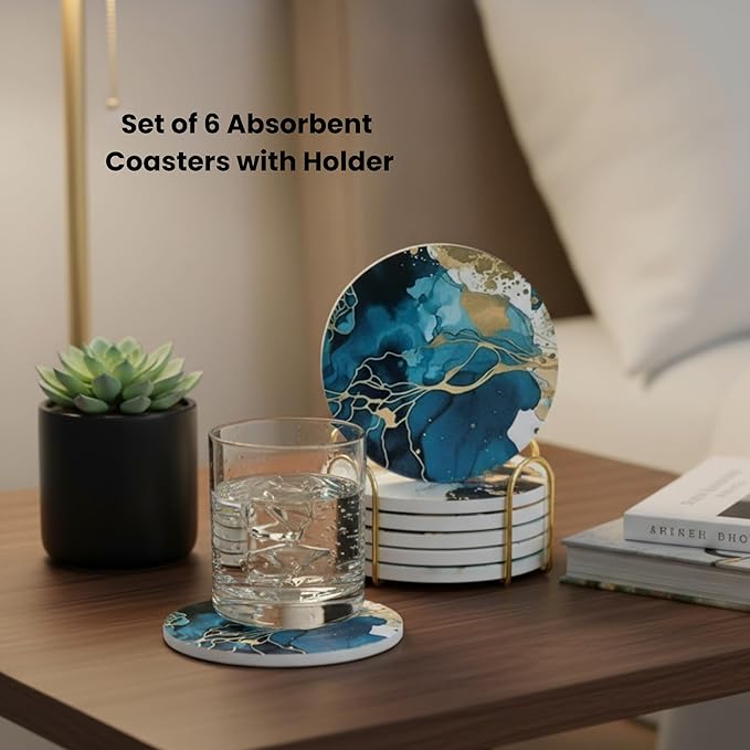 Ceramic Absorbent Coasters Set of 6 with Holder, Marble Drink Coasters for Coffee Table, Water Absorbing Coaster (Teal)