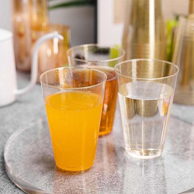 14 oz 100 Pack Gold Plastic Cups, Disposable Gold Glitter Cups, Bulk Gold Plastic Tumblers for Party, Wedding, Birthday and Holiday