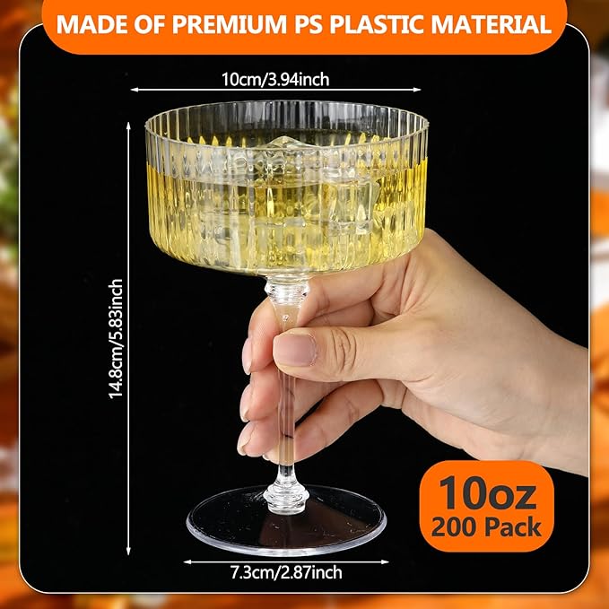 200 Pcs Ribbed Martini Glasses 10 oz Disposable Plastic Vintage Ribbed Coupe Glasses Unbreakable Dessert Parfait Glassware for Wedding Birthday Party Supplies (Clear)