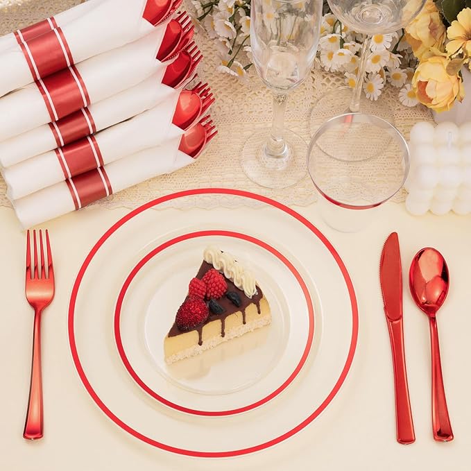 BESTSTAR 175PCS Clear and Red Disposable Plates Set for 25 Guests, 50 Plastic Plates, 25 Cups, 25 Pre-Rolled Napkins with Plastic Cutlery for Party, Birthday, Thanksgiving, Halloween, Christmas
