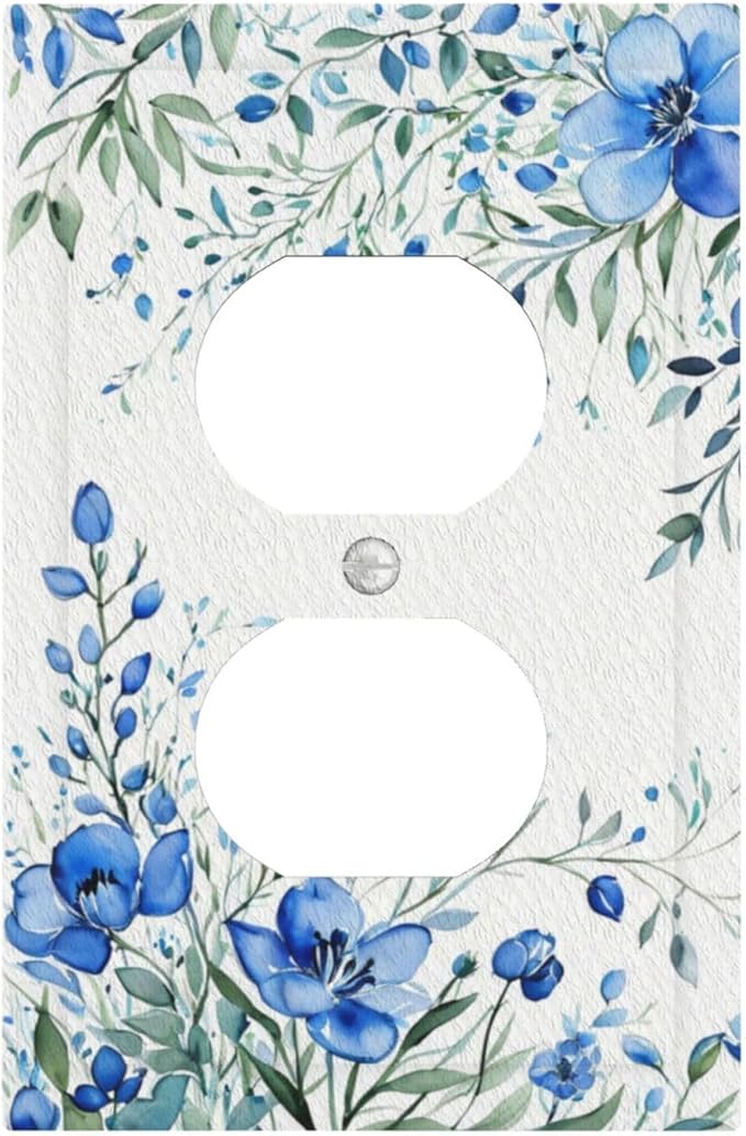 Outlet Covers Blue Watercolor Flowers Retro Floral Leaves 1 Gang Duplex Light Switch Cover Plate Decorative Wall Plates Electrical Switchplate Receptacle for Bathroom Bedroom Decor（2 Pack）