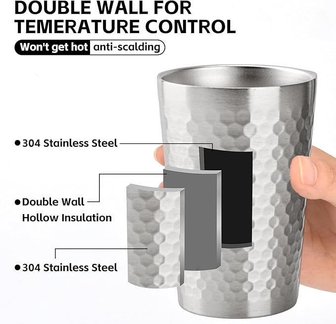 10 Pack 12 oz Stainless Steel Insulated Cup, Honeycomb Double Wall Vacuum Small Metal Cup, Reusable Camping Cups Unbreakable Indoor Outdoor for Party, Home, Office, BBQ, Silver