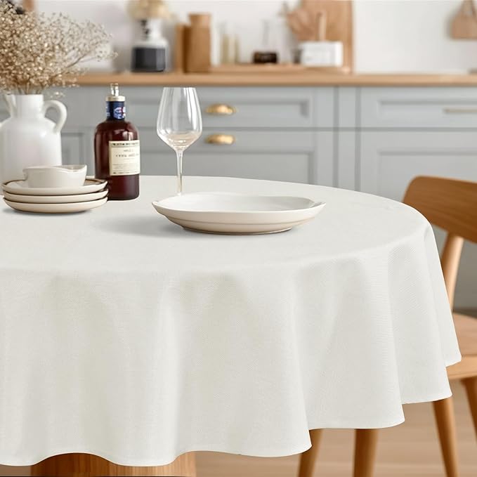 JIUZHEN Faux Linen Round Tablecloths 84 inch, Decorative Wrinkle Free Texture Rustic Circle Table Cloth Cover for Kitchen, Dining, Party, Wedding, Outdoor Use (84 Inch Round,White)