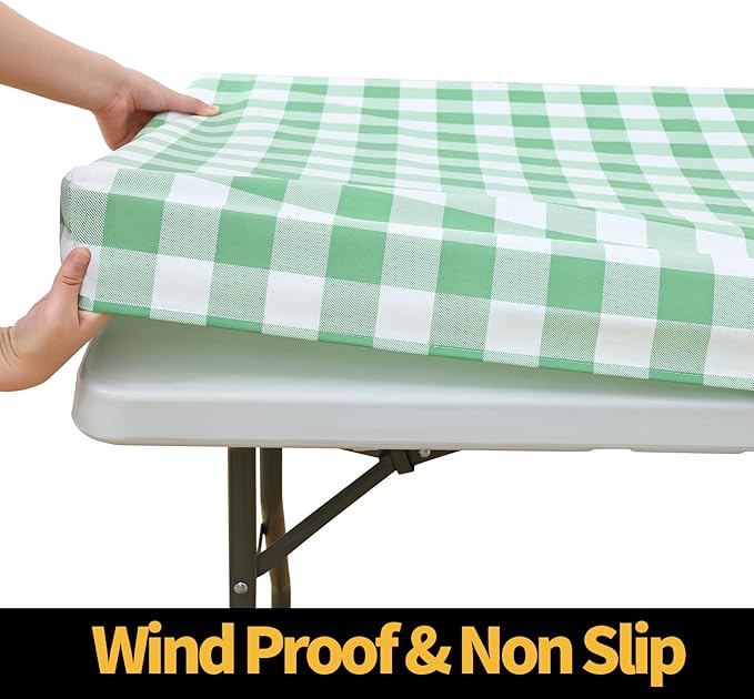 Smiry Rectangle Picnic Table Cloth, Elastic Waterproof Fitted Vinyl Tablecloths, Flannel Backed Buffalo Plaid Table Covers for Dining, Camping, Outdoor (Sage Green and White, 30" x 48")