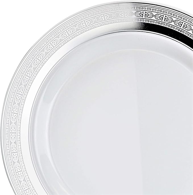 OCCASIONS 120 Plates Pack,(60 Guests) Heavyweight Premium Wedding Party Disposable Plastic Plates Set -60 x 10.5'' Dinner + 60 x 7.5'' Salad/Dessert (Palace White & Silver)