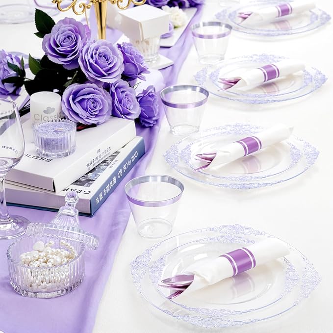 Hioasis 175pcs Clear and Purple Plates - Purple Party Plates for 25 Guest, Include 50 Heavy-duty Plates(20% Thicker Than Standard), 25 Pre Rolled Gold Plastic Silverware Set, 25 Cups