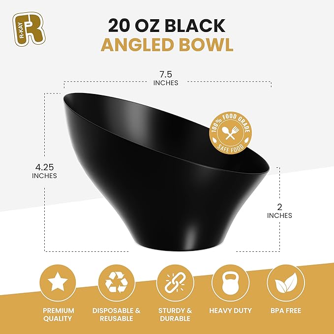 R-kay 6 Pack Angled Candy Bowls - Black Plastic bowls 20 Oz - Premium Plastic Serving Bowls Heavy Duty For Weddings Catering, parties, And All Occasions (Black, Medium)