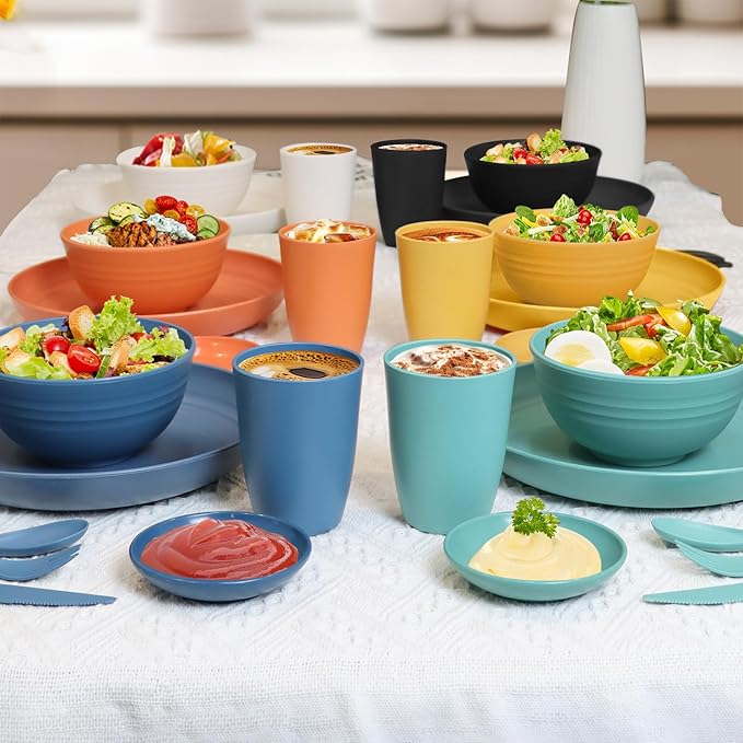 Wrova Wheat straw plates and bowls sets with cutlery - Unbreakable wheat straw dinnerware sets of 28 - Microwave safe plates,bowls,cups for camping,kitchen,new apartment.Colorful