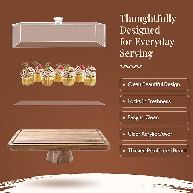 Acacia Wood Valentine Cake Stand with Lid - Rectangle Holder for Valentine's Baking, 2-in-1 Dessert Display & Charcuterie Board, Valentine's Day Serving Platter, Acrylic Dome Cover