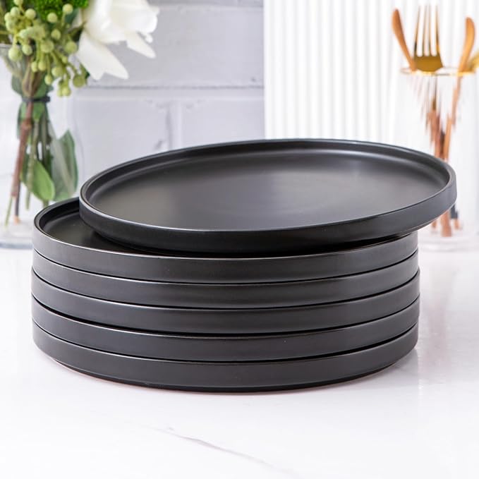 AmorArc Ceramic Dinner Salad Plates Set of 6, 8.5 Inch Reactive Matte Glaze Dish Set, Dessert,Salad, Appetizer, Small Dinner Plate,Microwave, Dishwasher Safe, Scratch Resistant, Matte Black
