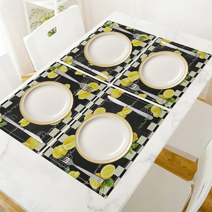 Vintage Lemon Placemat Set, Rustic Farmhouse Yellow Orange Fruit Leaves Black White Plaid Quotes Seamless Pattern Home Decor Linen Table Mats for Dining Room Kitchen Party (17x12in) x4P
