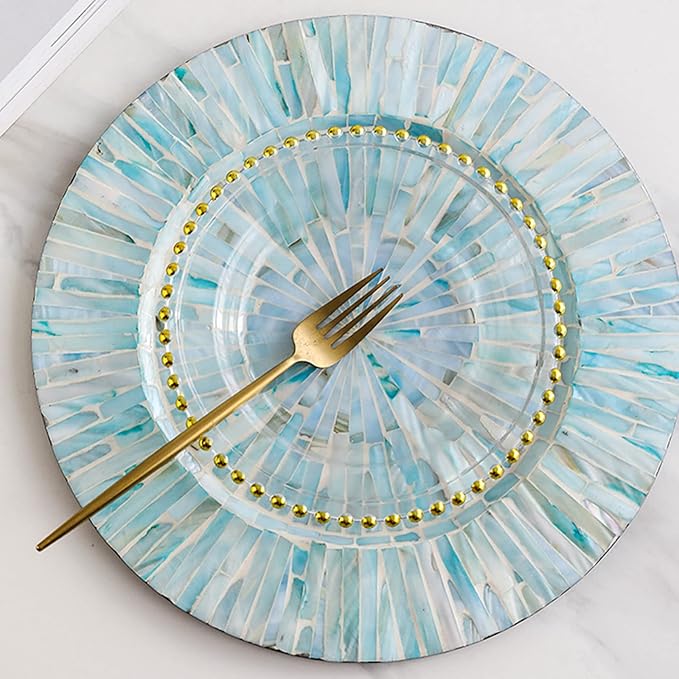 i-lan 13inch 2 Pack Mother of Pearl Decorative Plates for Display, Sea Shell Inlay Wood Charger Plates for Dining, Party, Modern and Coastal Decoration Placemats for Dinner Plates,Blue Ray