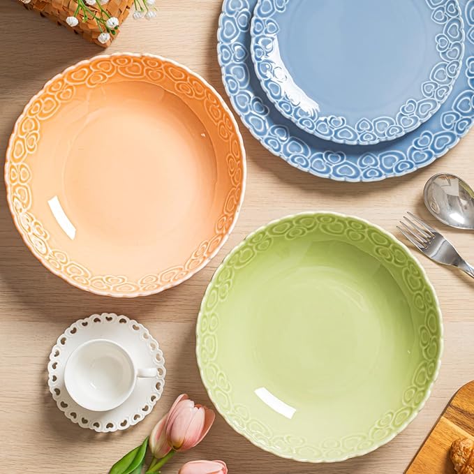 HOMBENE Heartbeat Pasta Bowls Set of 4, 40oz, Porcelain Wide and Shallow, Soup, Pasta, Noodle, Dinner, Large Salad Bowls Soup Bowl for Kitchen, Microwave & Dishwasher Safe (Celestial Blue)
