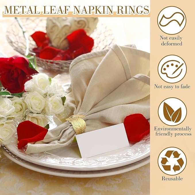Gold Napkin Rings Set of 30, Gold Leaf Shape Napkin Rings for Table Setting Weddings, Anniversary, Birthday, Christmas, Fall, Halloween, Thanksgiving, Party of Table Setting