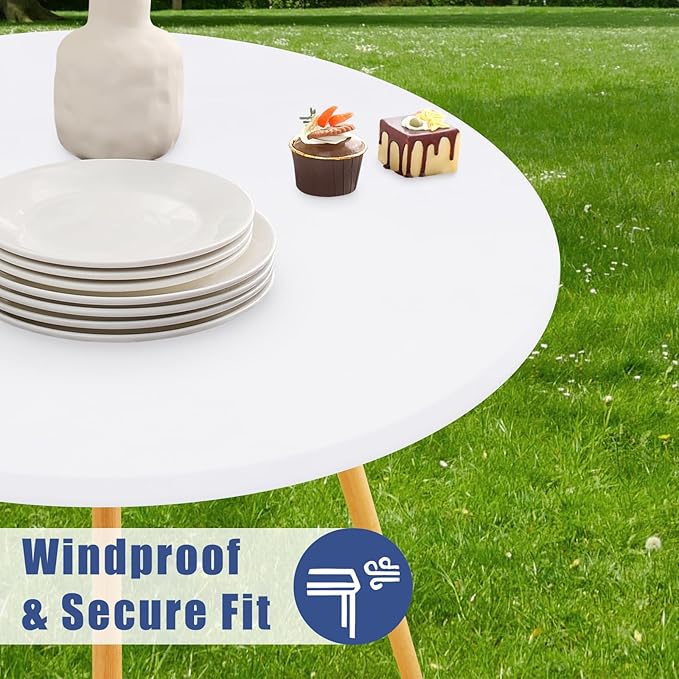 Round Spandex Tablecloth 2 Pack, Elastic Fitted Waterproof Tablecloths for 18"-24" Tables, Stretch Washable Picnic Table Cover for Camping, Dining, Indoor and Outdoor, White