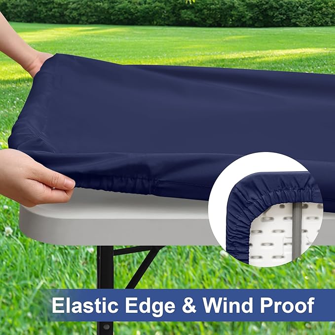 homing 2 Pack Rectangle Table Cloth, Elastic Fitted Fabric Tablecloth Fits for 8 Foot Folding Tables, Washable Table Cover for Picnic, Camping, Indoor & Outdoor (Navy Blue, 30" x 96")