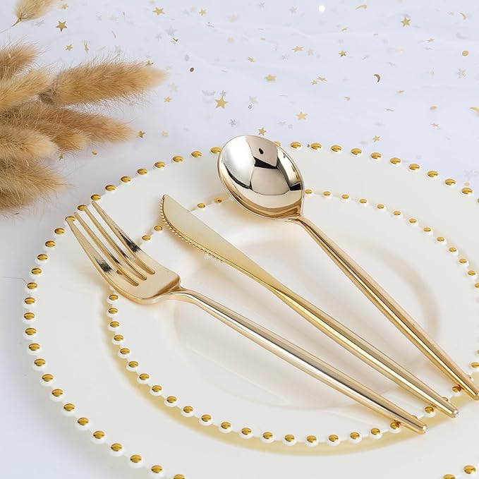 EI 60pcs Beige Plastic Plates with Gold Rim,Ivory Disposable Plates,Heavy Duty Fancy Plastic Plate,10.25" Dinner & 7.5" Dessert Plate Elegant for Party,Wedding,Birthday,Spring,Afternoon tea