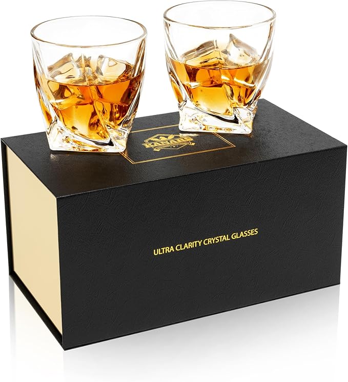 KANARS Old Fashioned Whiskey Glasses with Luxury Box - 10 Oz Twisted Liquor Tumblers for Scotch, Bourbon, and Cocktail Drinks - Set of 2 - Men Gift for Valentine's Day Birthday Anniversary