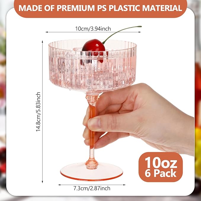 6 Pcs Ribbed Martini Glasses 10 oz Disposable Plastic Vintage Ribbed Coupe Glasses Unbreakable Dessert Parfait Glassware for Wedding Birthday Party Supplies (Champagne Powder)