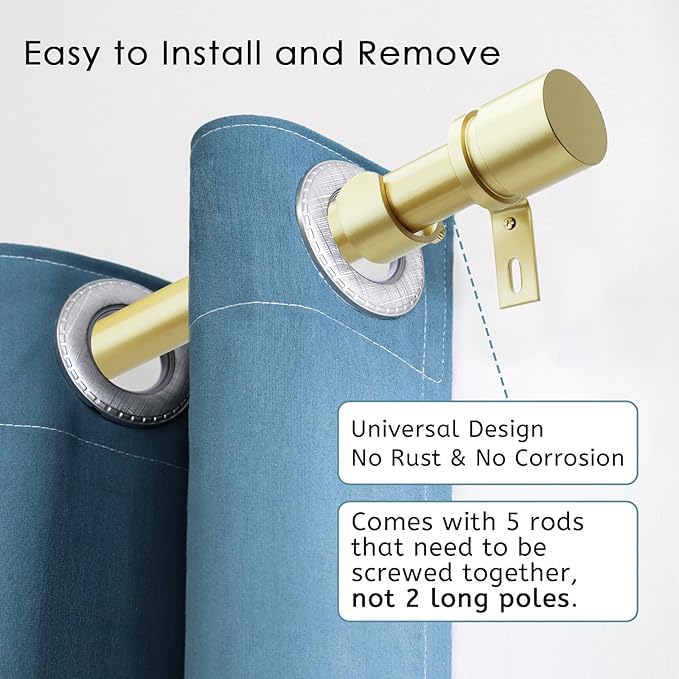 Curtain Rods for Windows 16 to 88 Inches Adjustable Length 1 Inch Diameter Window Curtain Rod with Aluminium Finials, Warm Gold