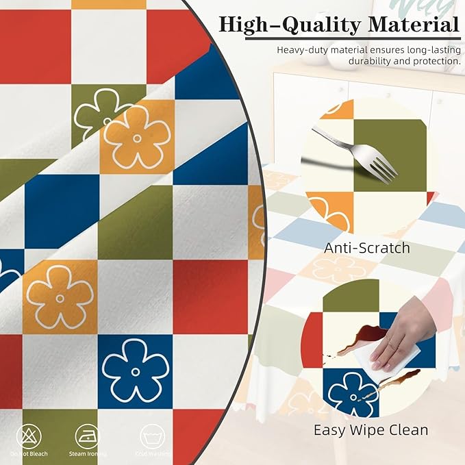 Laeacco 48 Inch Plaid Round Tablecloth Colorful Buffalo Plaid Flower Modern Geometric Abstract Art Print Table Cloth Washable Waterproof Wrinkle Free Table Cover for Kitchen Dining Picnic Party Decor