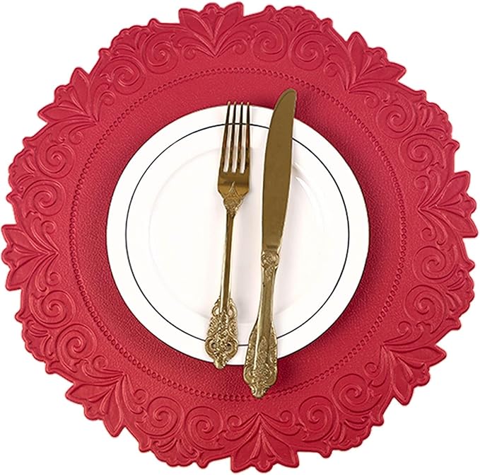 Noctiflorous Round Faux Leather 15 Inch Placemats Set of 4 Waterproof Wipeable Heat Resistant Tablemat for Dining Table Kitchen Non Slip Washable Oilproof Table Place Mat(Holly Red, 4)