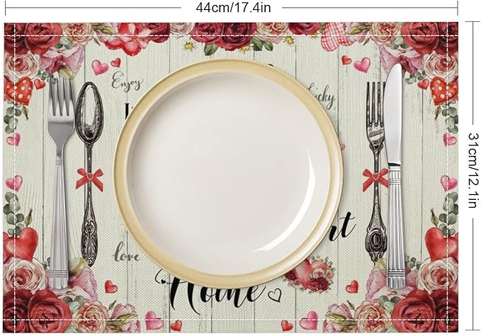 Retro Farmhouse Placemat Set, Romantic Pink Rose Floral Rural Plank Art Sketch Cutlery Knife Fork Inspirational Quotes Pattern Home Decor Linen Table Mats for Dining Room Kitchen Party (17x12in) x4P