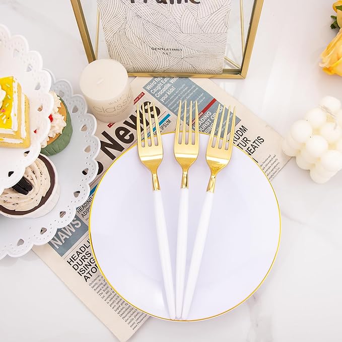 I00000 72PCS White Plastic Dessert Plates 7.5" with 72PCS Disposable Forks 8.5", Disposable White Dessert Plate, Fancy Salad Plates with Gold Rims Perfect for Wedding