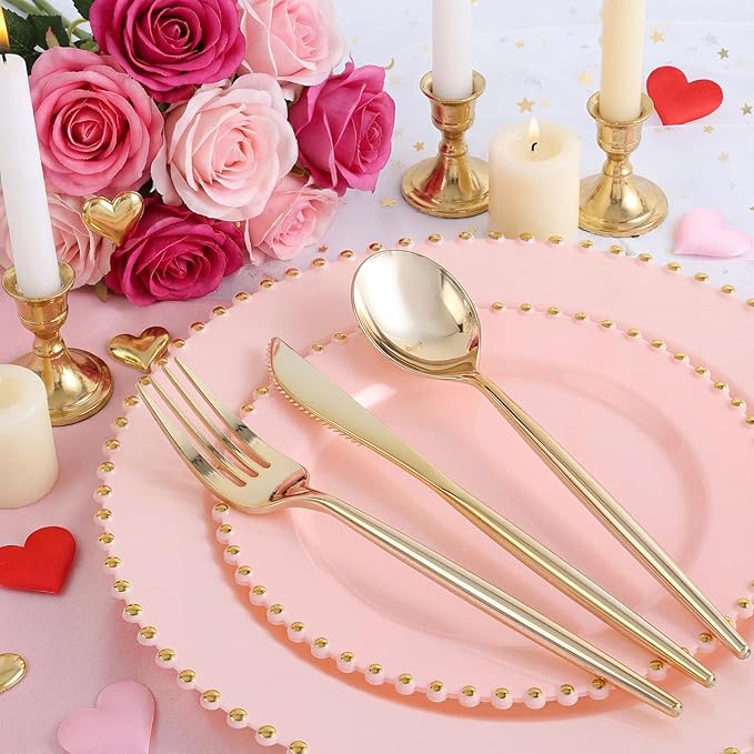 EI 60pcs Pink Plastic Plates with Gold Rim,Pink Party Plates Disposable,Heavy Duty 10" Dinner & 7" Dessert Plate Fancy Elegant Plate for Wedding,Birthday,Afternoon Tea,Valentine's Day