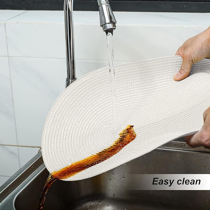 FunWheat Oval Braided Placemats Set of 6 Table Mats for Dining Tables Woven Washable Non-Slip Shining Place mats12x18 Inch Table mats for Indoor Outdoor Use((Oval White, 6pcs)